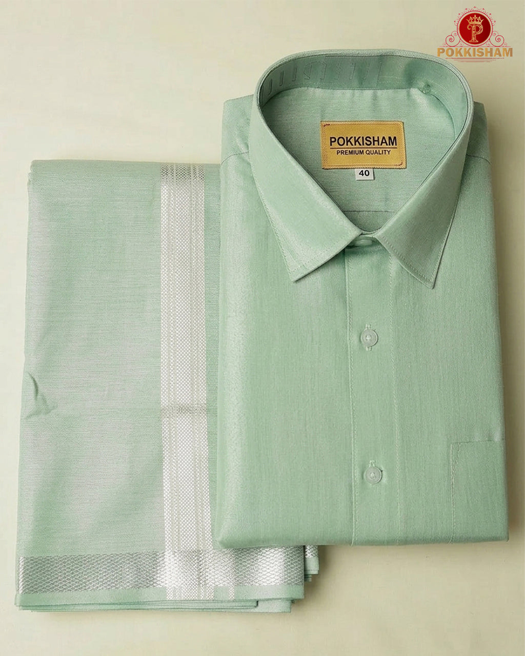 Classic Look Mens  Royal Tissue  shirt and Dhotis- Peach Green