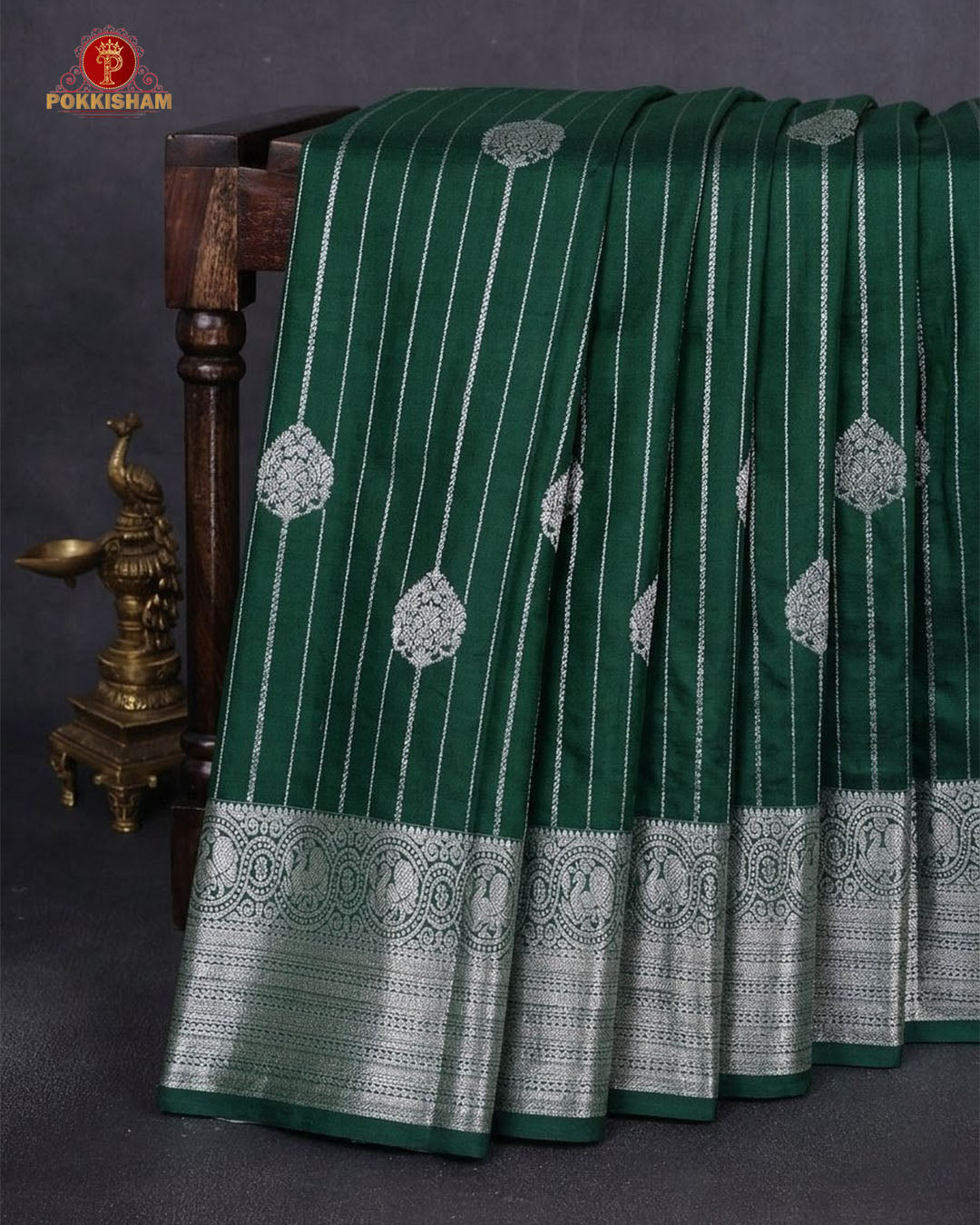 Vairaoosi Soft Silk Sarees With Contrast Pallus & "Silver Zari" Porder - Dark Green
