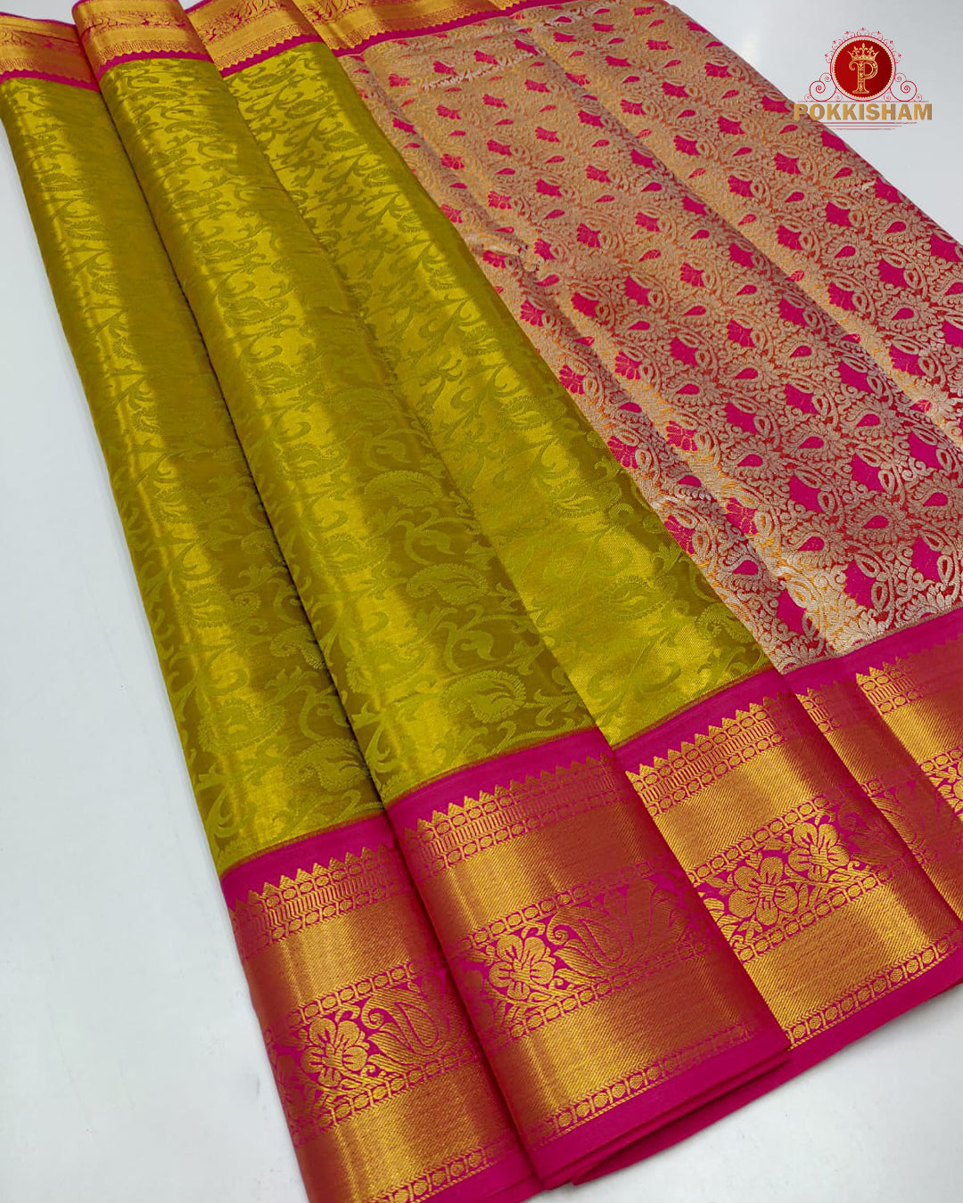 Kanchipuram Pure Silk Tissue Handloom Premium Saree - Mango Yellow Colour