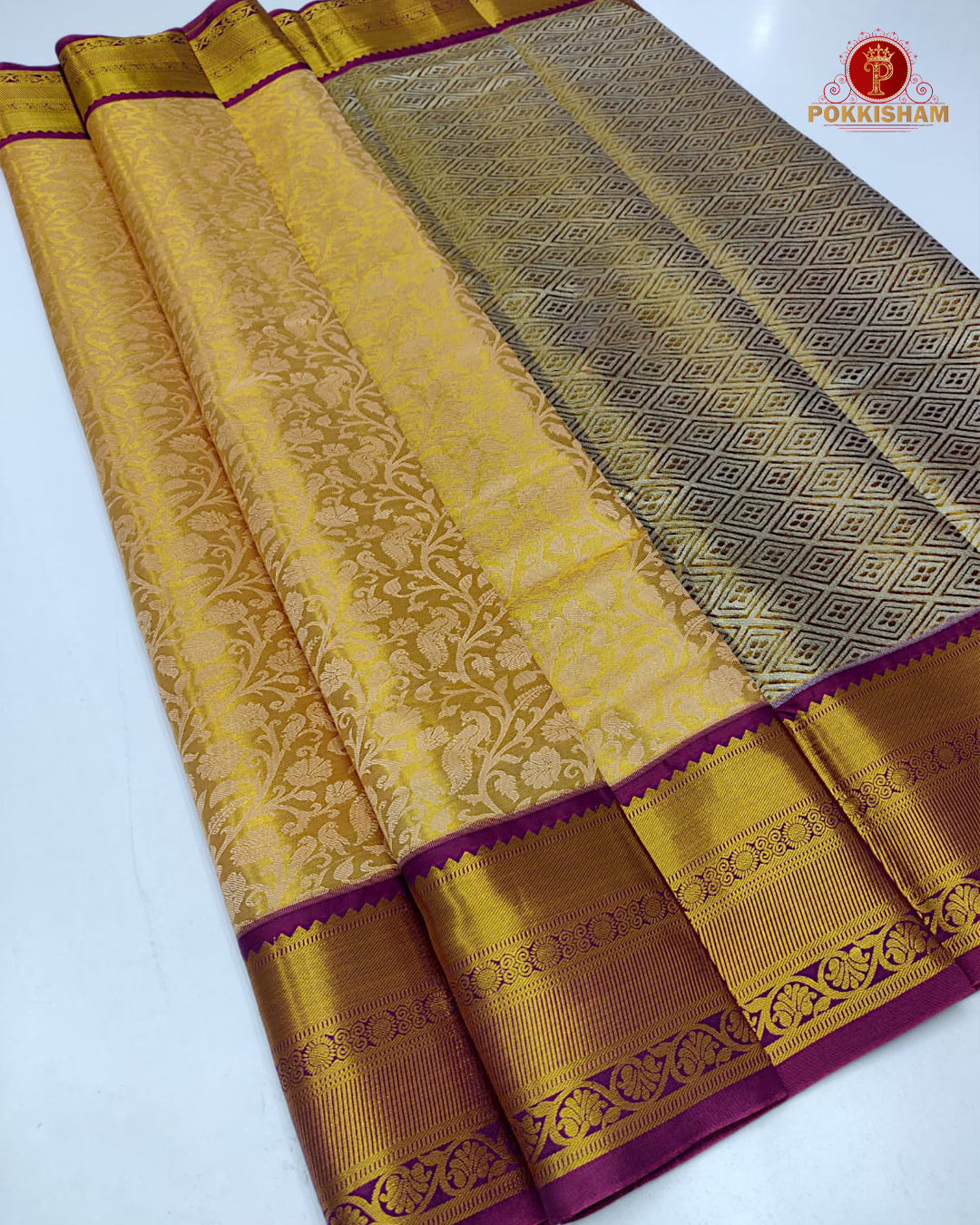 Kanchipuram Pure Silk Tissue Handloom Premium Saree - Gold With Maroon Colour