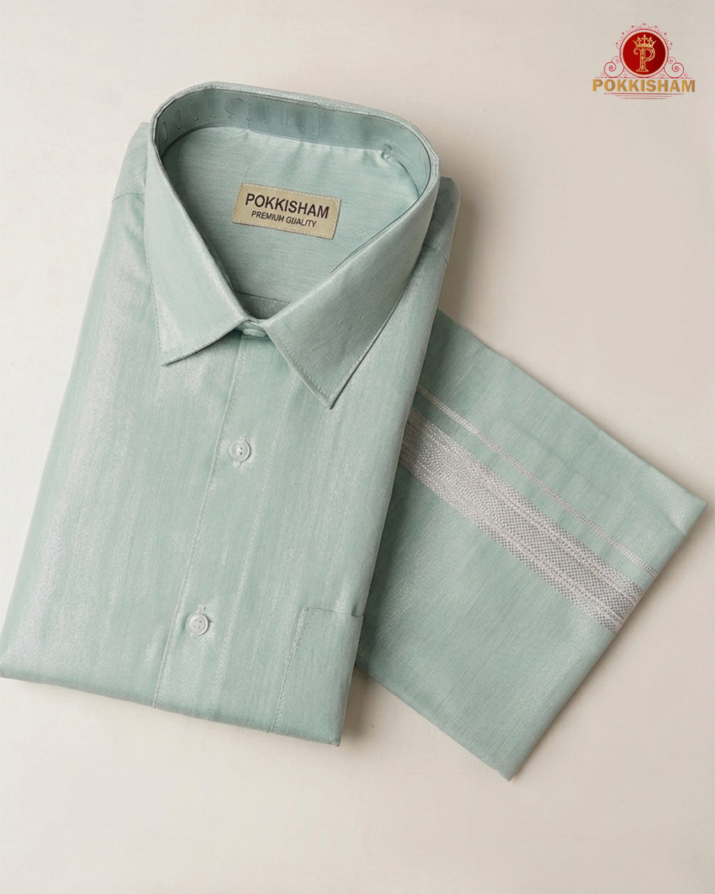 Classic Look Mens  Royal Tissue  shirt and Dhotis- Ice Blue