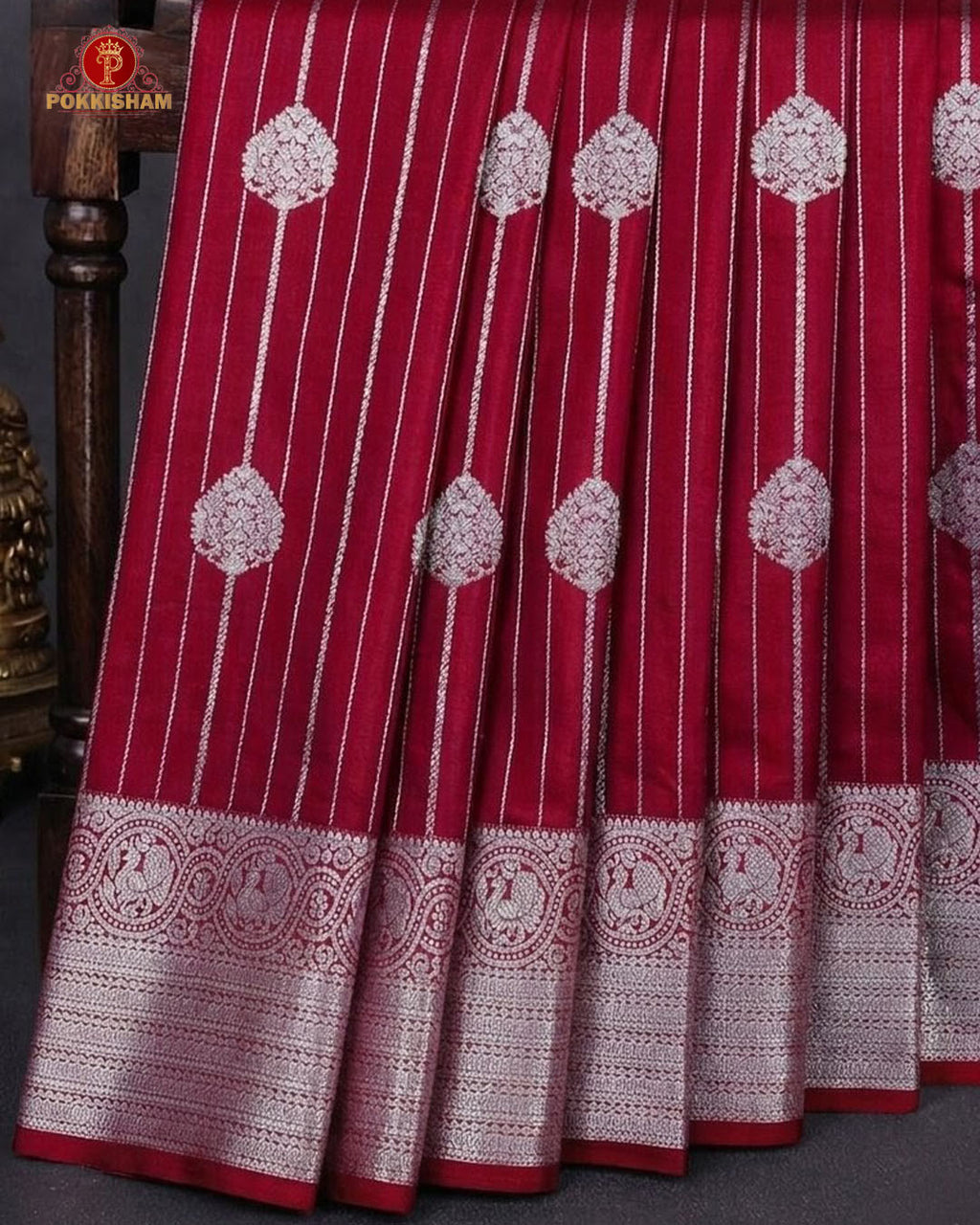Vairaoosi Soft Silk Sarees With Contrast Pallus & "Silver Zari" Porder - Cherry  Red