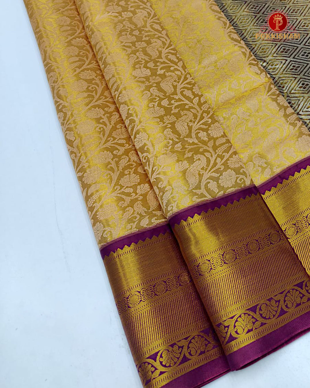 Kanchipuram Pure Silk Tissue Handloom Premium Saree - Gold With Maroon Colour