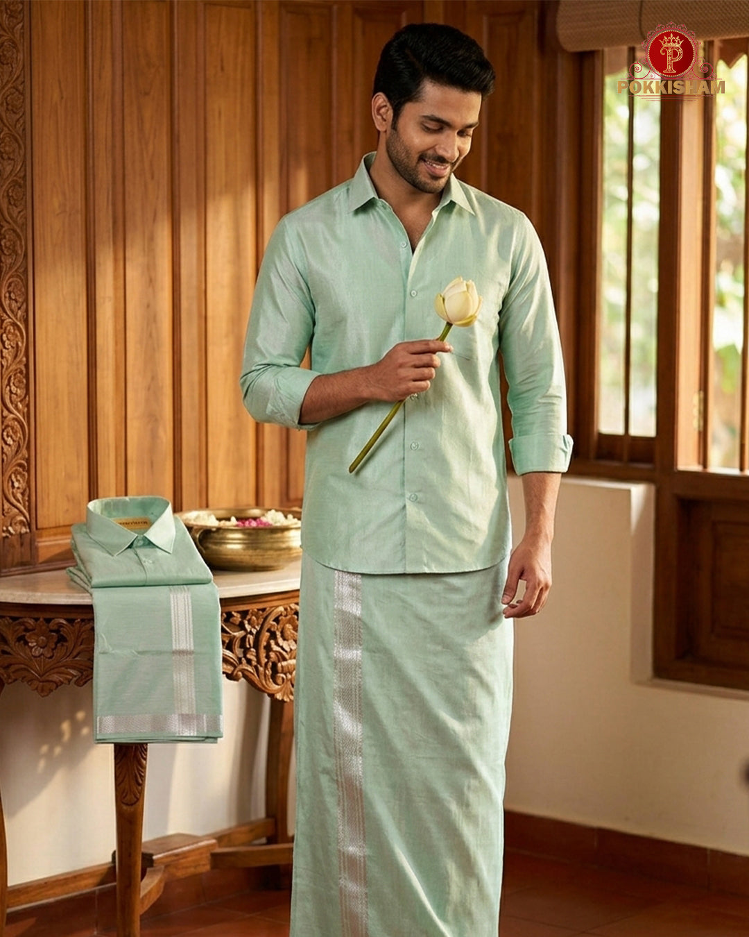 Classic Look Mens  Royal Tissue  shirt and Dhotis- Peach Green