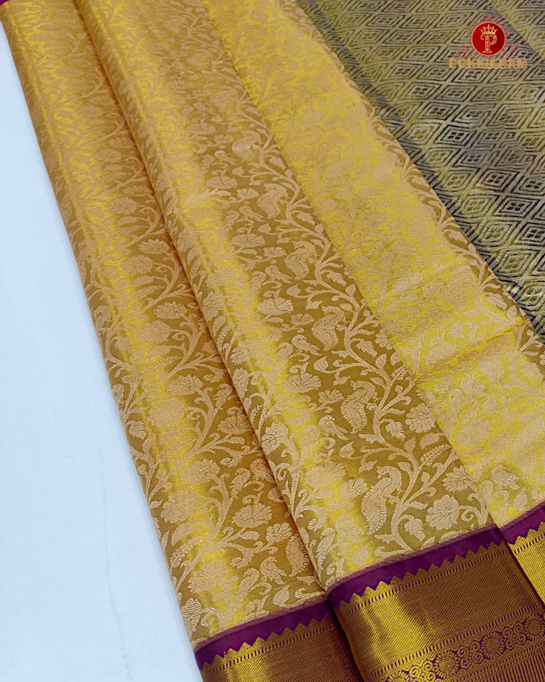 Kanchipuram Pure Silk Tissue Handloom Premium Saree - Gold With Maroon Colour