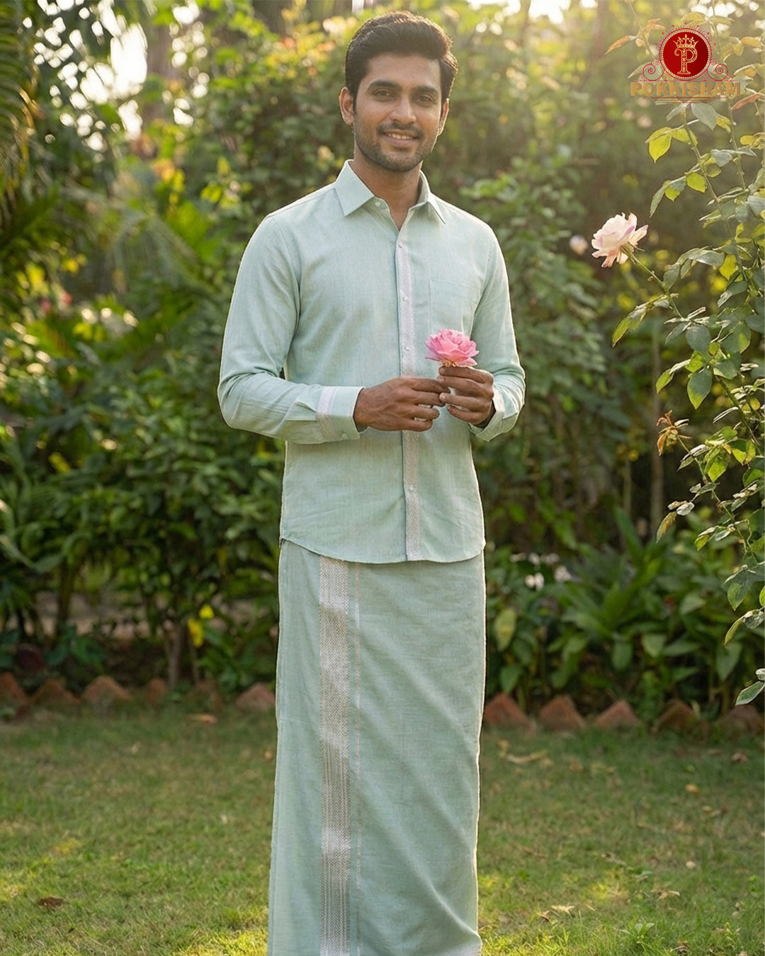 Classic Look Mens  Royal Tissue  shirt and Dhotis- Ice Blue