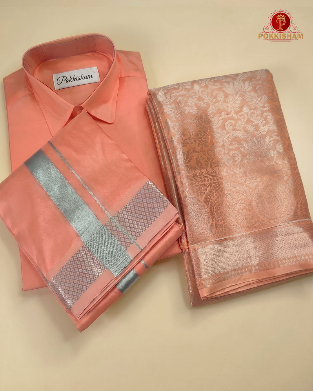 Premium Silk Couple Combo Set with Colour Zari - Pinkish Peach