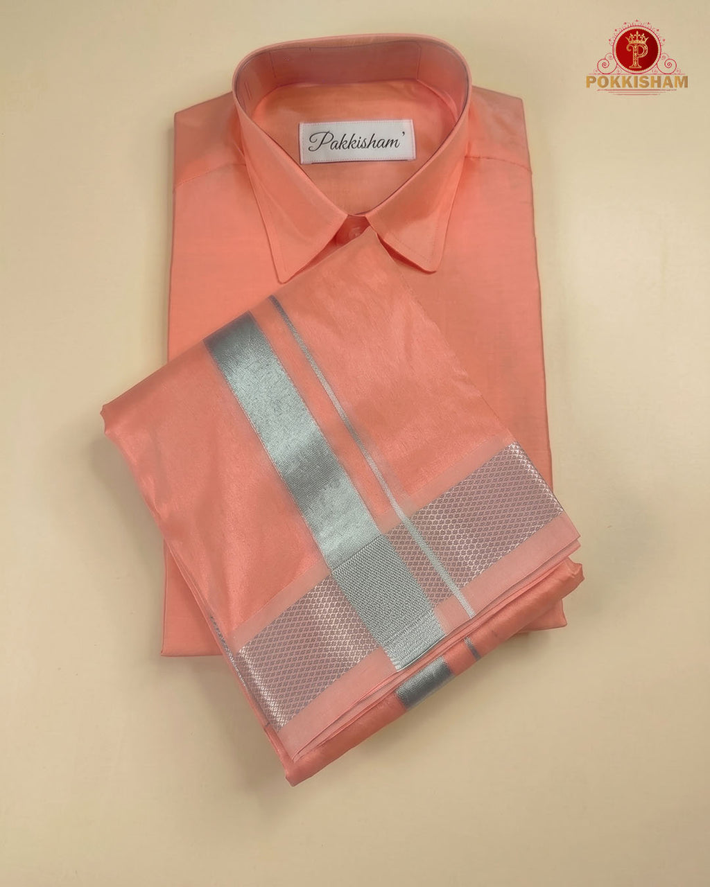 Premium Silk Couple Combo Set with Colour Zari - Pinkish Peach