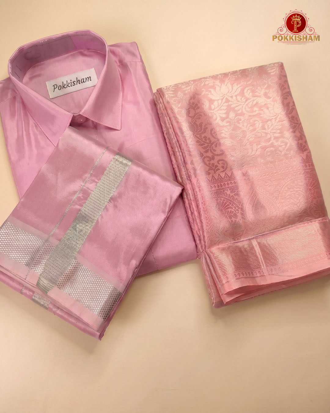 Premium Silk Couple Combo Set with Colour Zari - Pink Rose