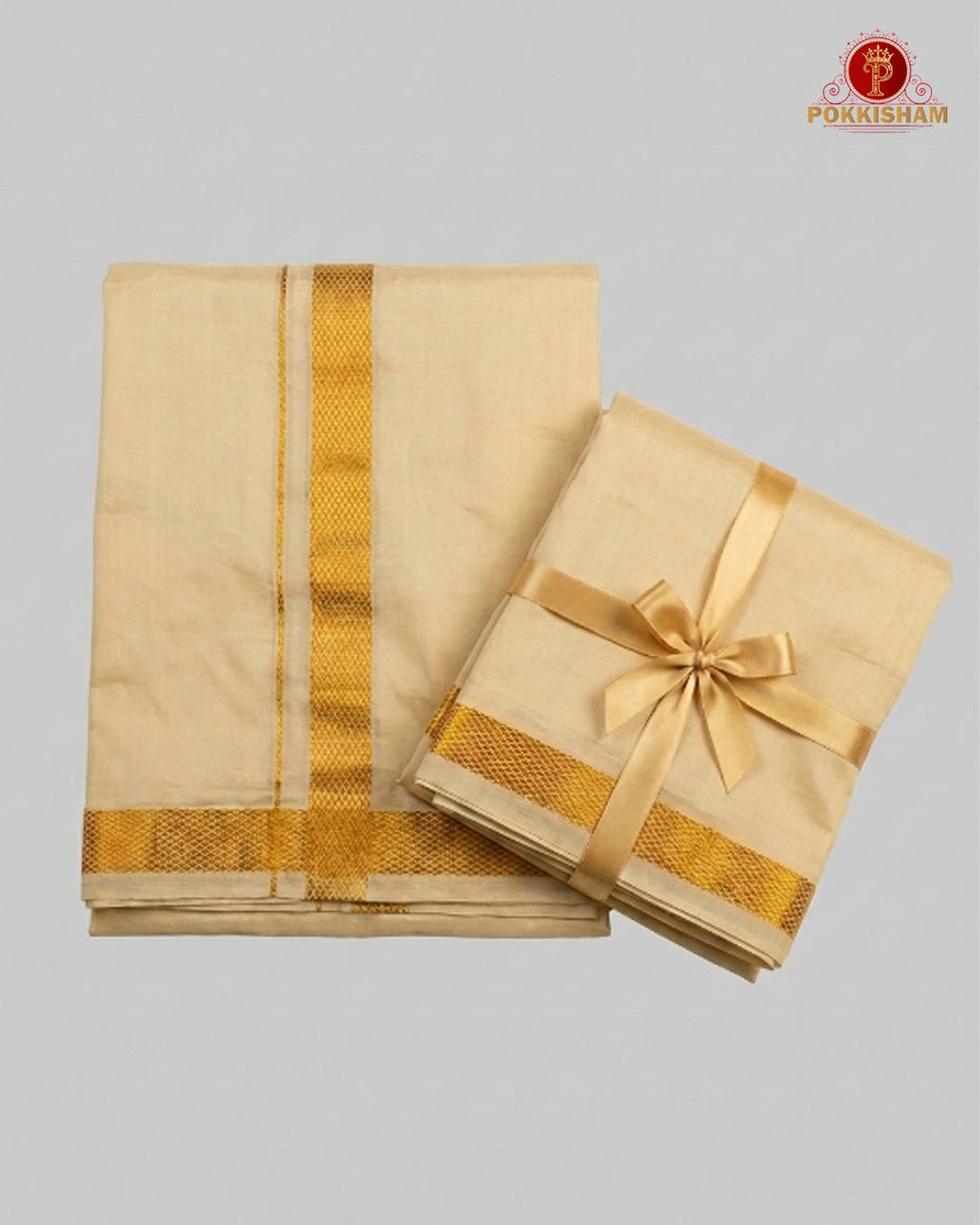 Wedding Silk Dhoti Set with Gold Zari  -  Biscut