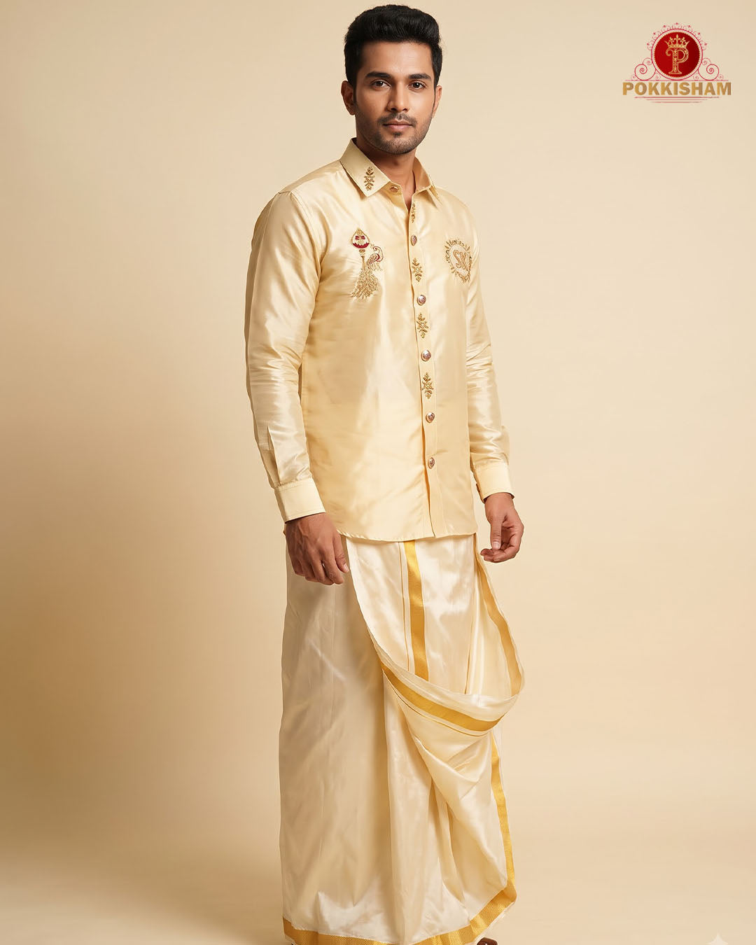 Luxury Aari Work Wedding Silk Dhoti Set - (HandCrafted)