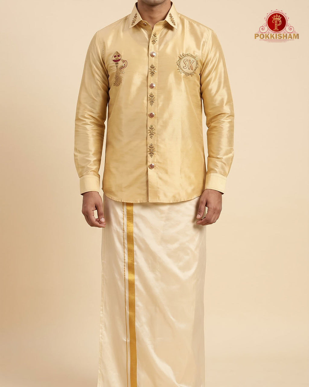 Luxury Aari Work Wedding Silk Dhoti Set - (HandCrafted)