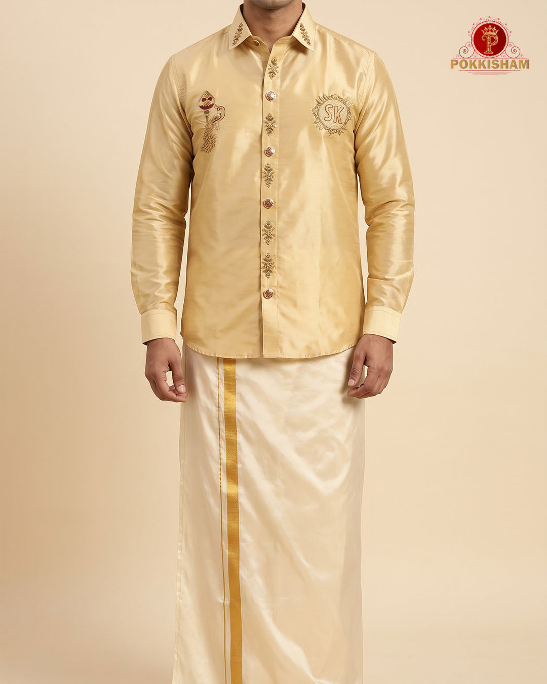 Luxury Aari Work Wedding Silk Dhoti Set - (HandCrafted)