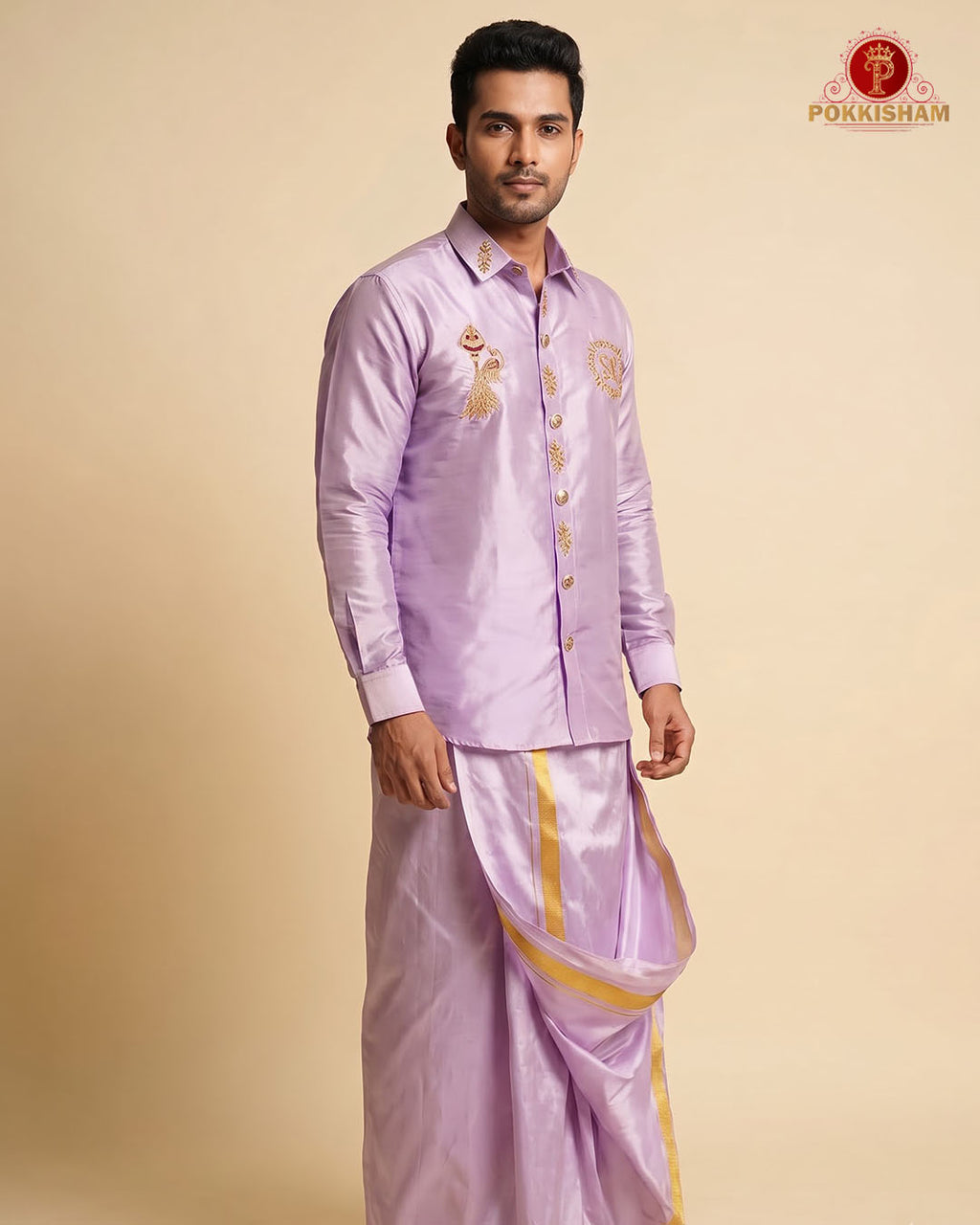Luxury Aari Work Wedding Silk Dhoti Set - (HandCrafted)