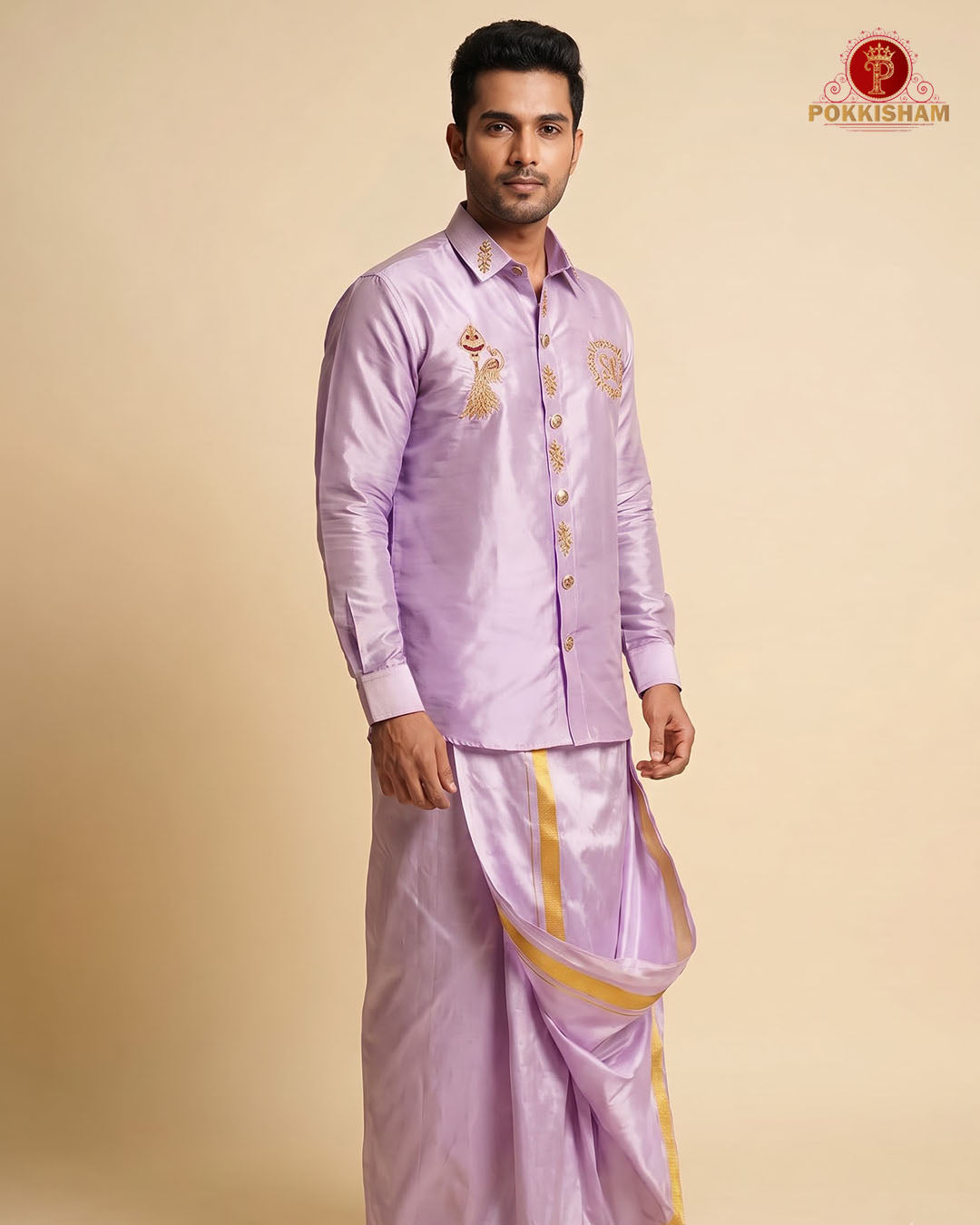 Luxury Aari Work Wedding Silk Dhoti Set - (HandCrafted)
