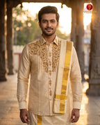 Luxury Aari Work Wedding Silk Dhoti Set - (HandCrafted)