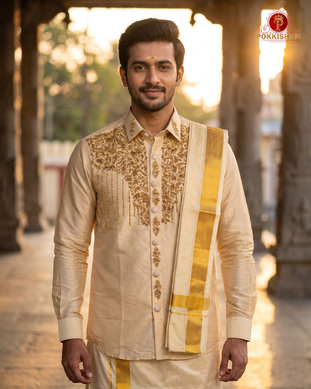Luxury Aari Work Wedding Silk Dhoti Set - (HandCrafted)