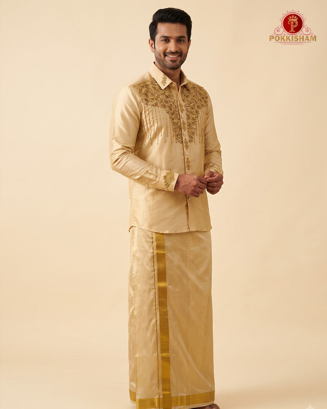 Luxury Aari Work Wedding Silk Dhoti Set - (HandCrafted)