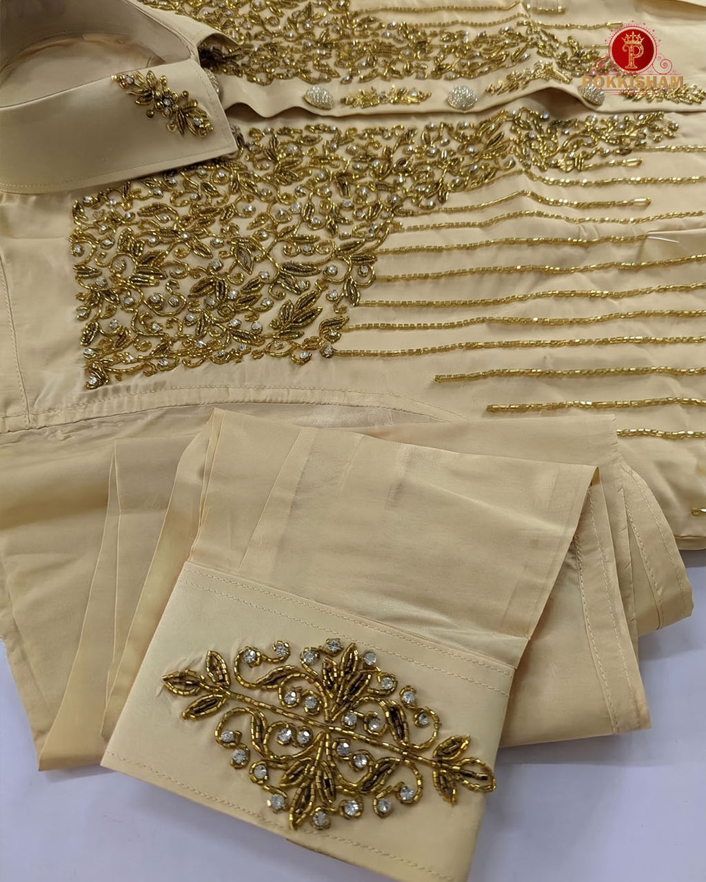 Luxury Aari Work Wedding Silk Dhoti Set - (HandCrafted)