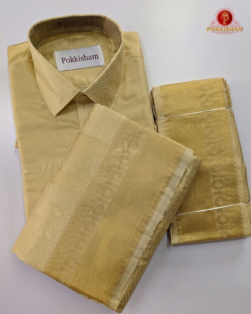 Laxury Wedding Embossed Men's Dhoti Set - Sandalwood