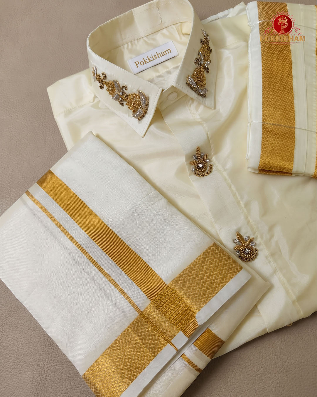 Luxury Aari Work Wedding Silk Dhoti Set - (HandCrafted) "Peacock"