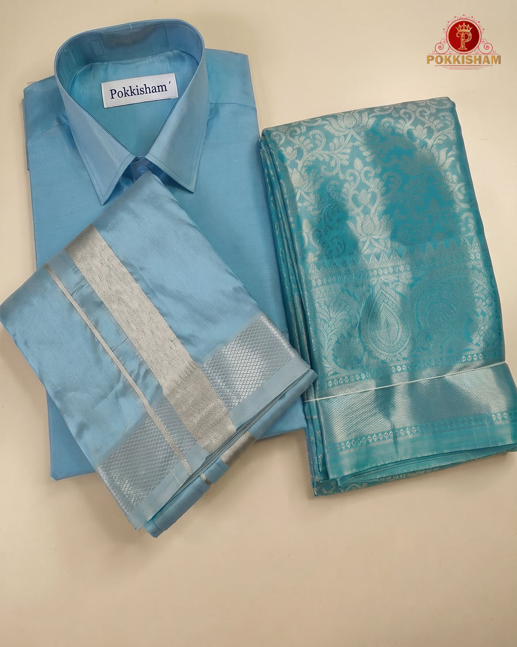 Premium Silk Couple Combo Set with Colour Zari - Blue