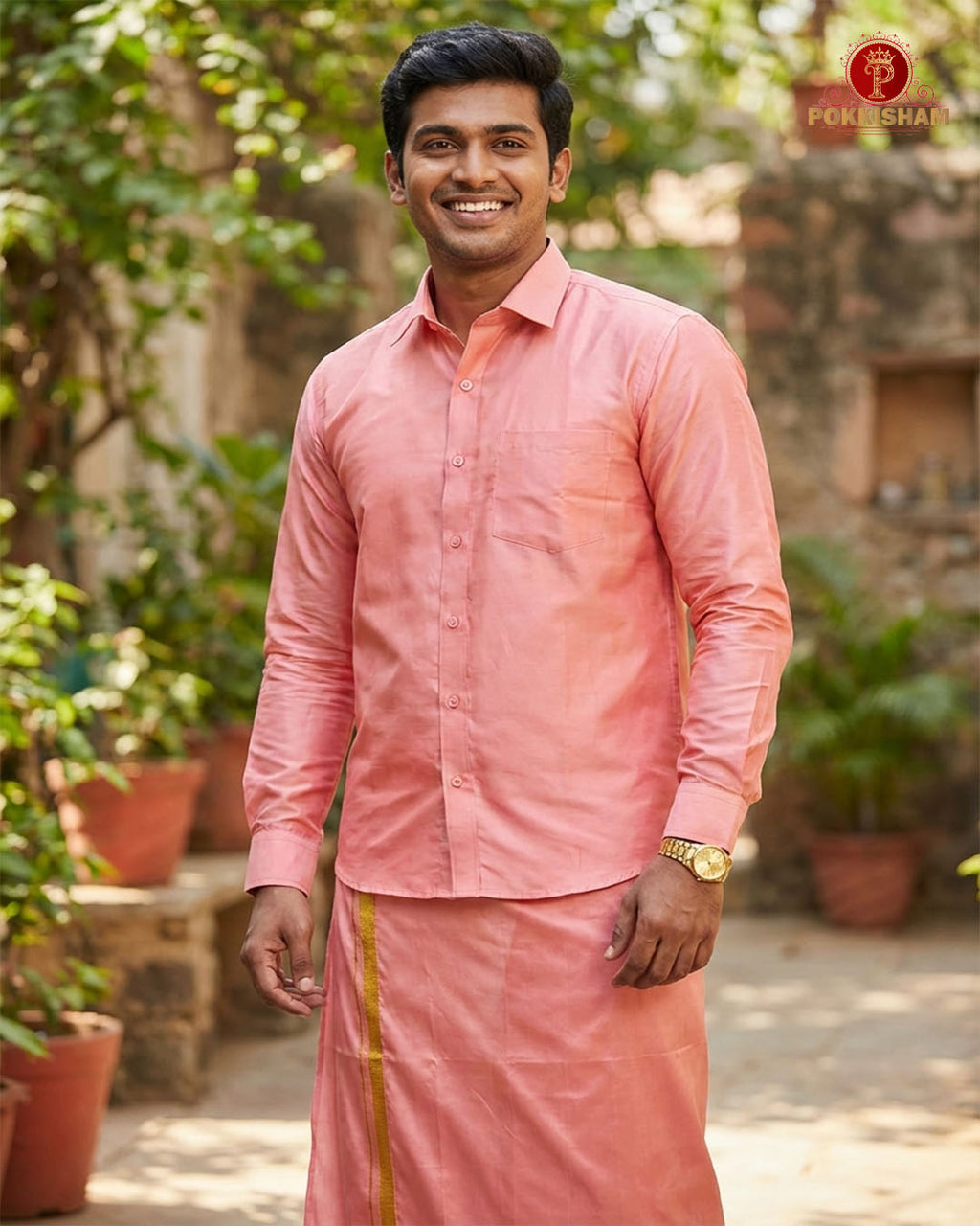 Art Silk Dhoti Set with Gold Zari - Pinkish Peach