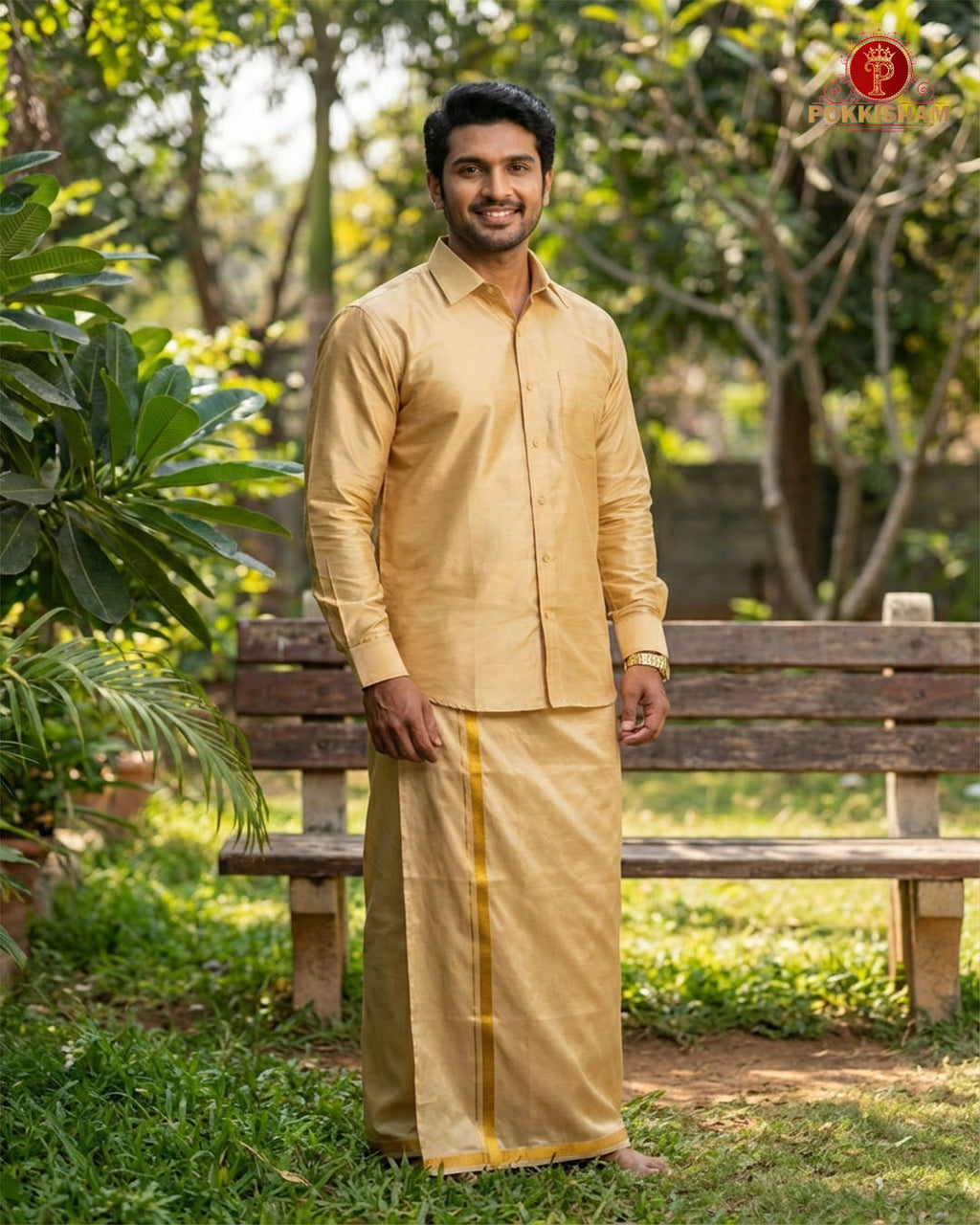 Art Silk Dhoti Set with Gold Zari - Gold