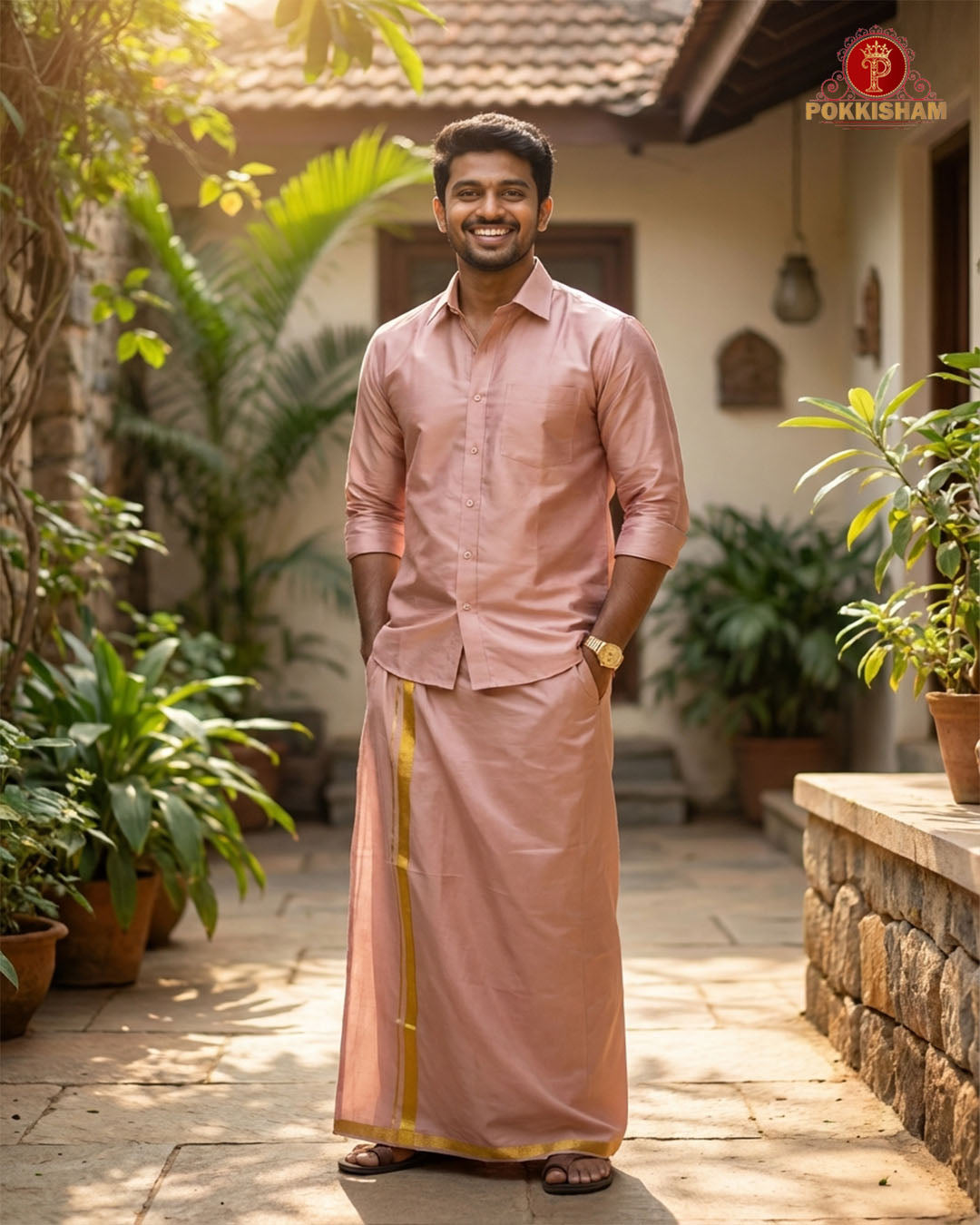 Art Silk Dhoti Set with Gold Zari -   Copper