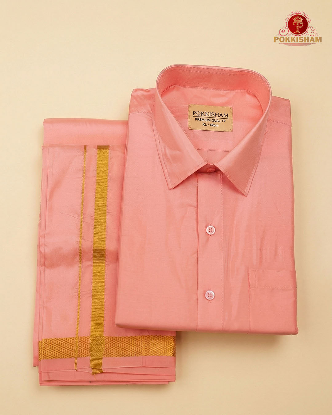 Art Silk Dhoti Set with Gold Zari - Pinkish Peach