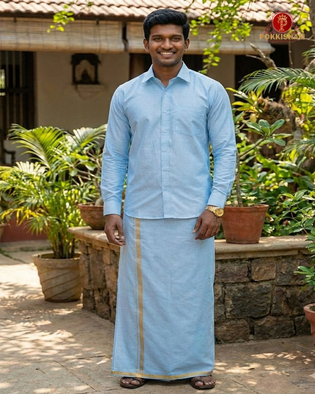 Art Silk Dhoti Set with Gold Zari -  Sky Blue
