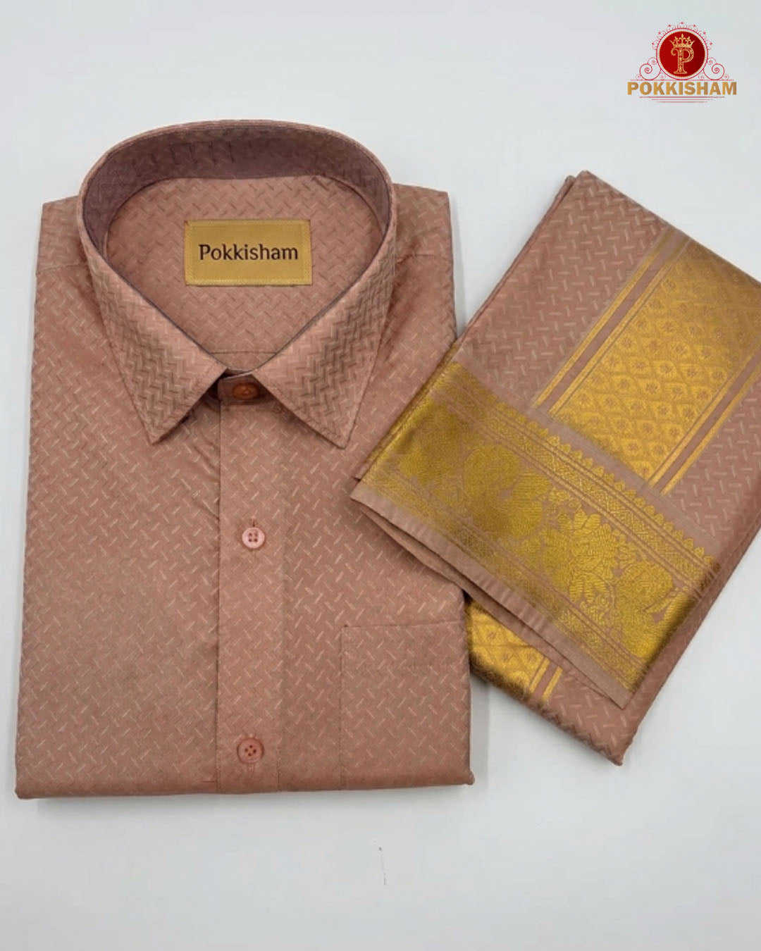 Wedding Pure Silk  Mens shirt and Dhotis Set  -  Copper