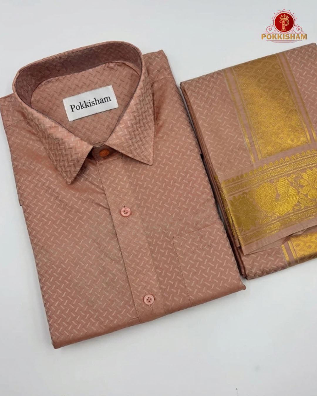 Wedding Pure Silk  Mens shirt and Dhotis Set  -  Copper