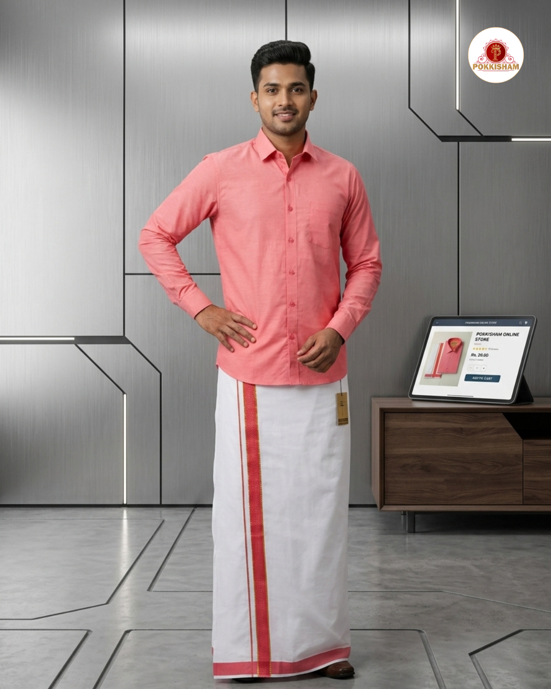 Premium Classic  Men's Cotton Shirt And Dhoti Set - Peach Pink