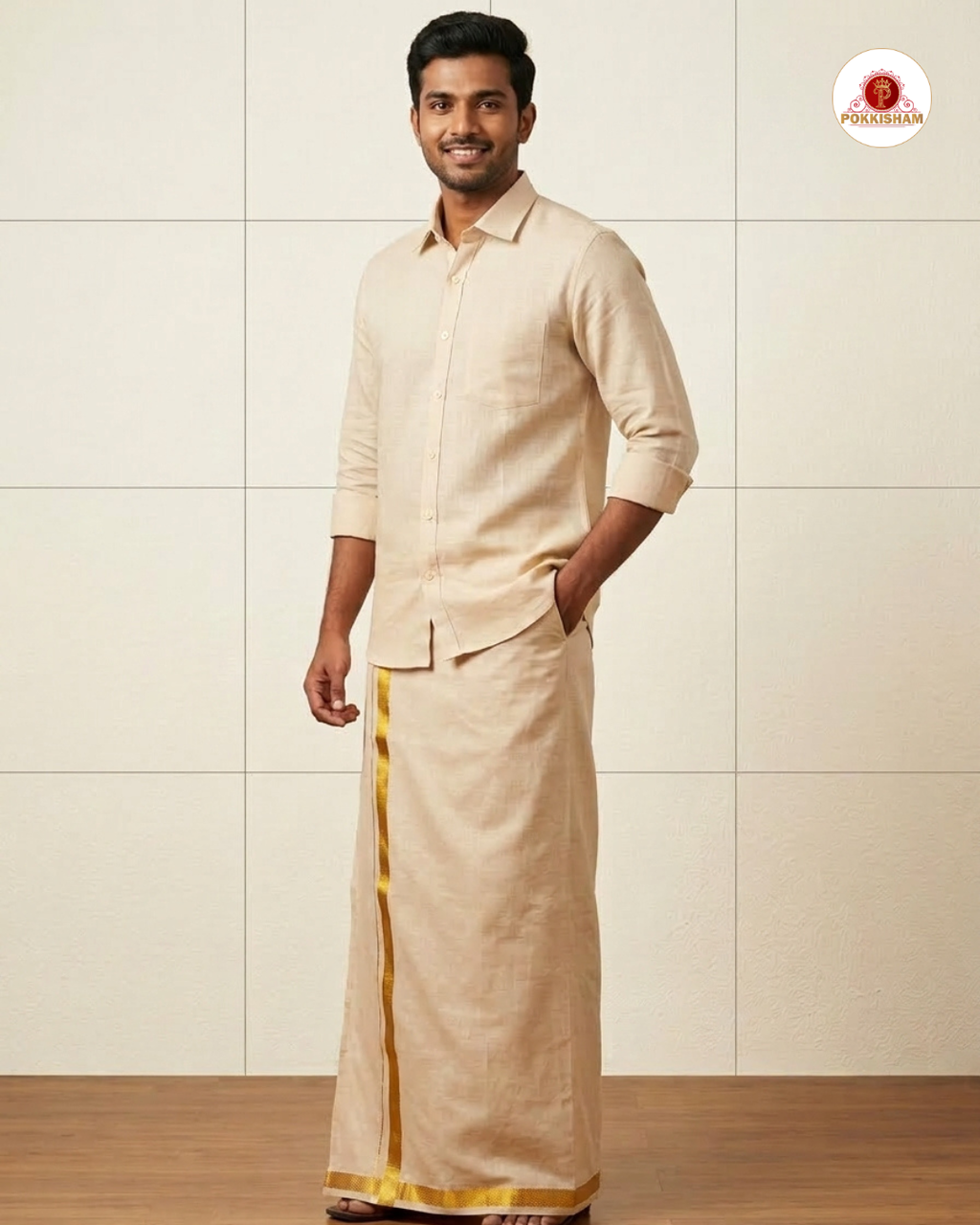 Men's Cotton Tissue Dhoti Set With-   Gold Zari