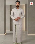 Men's Cotton Tissue Dhoti Set With-  Green Zari