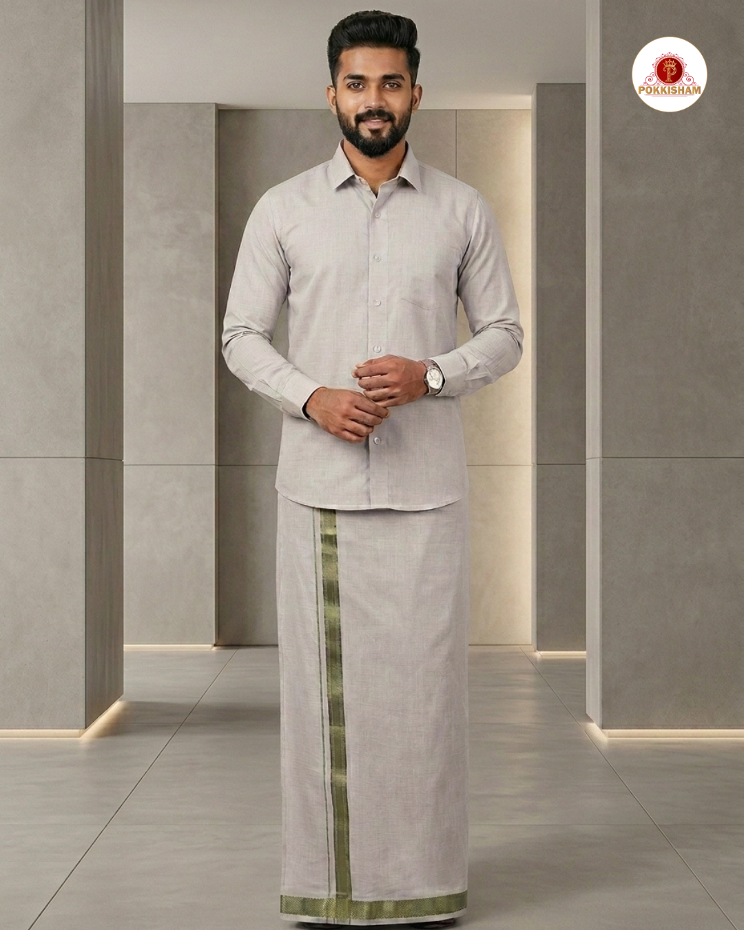Men's Cotton Tissue Dhoti Set With-  Green Zari