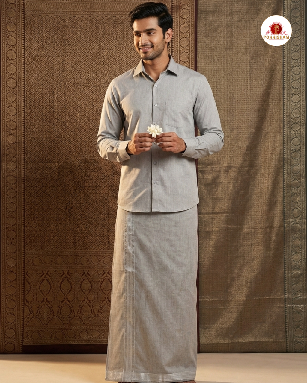Classic Look Mens  Royal Tissue  shirt and Dhotis- Grey