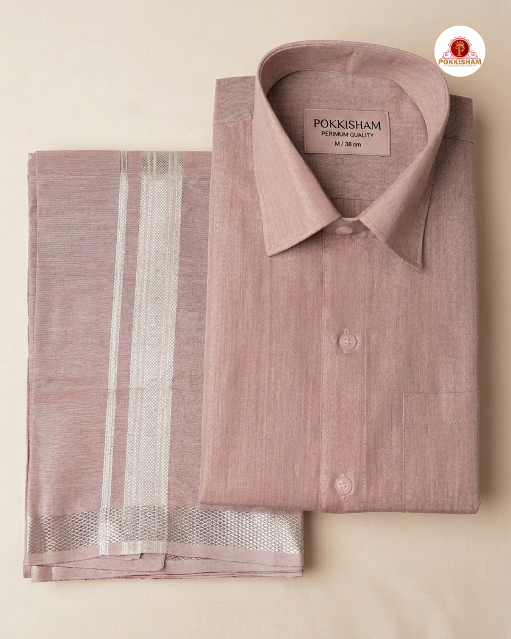Classic Look Mens  Royal Tissue  shirt and Dhotis- Peach  Biscut