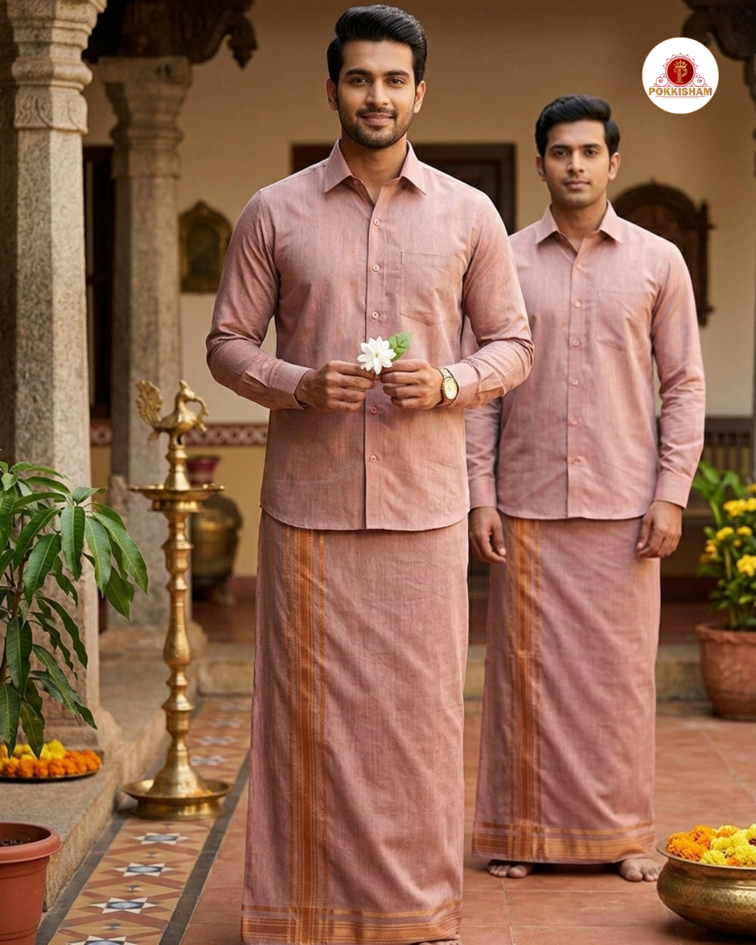 Classic Look Mens  Royal Tissue  shirt and Dhotis- Copper