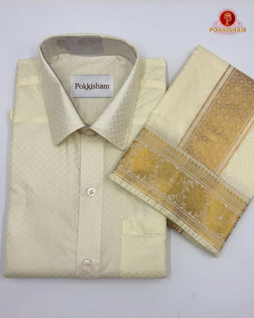 Wedding Pure Silk  Mens shirt and Dhotis Set  -  Cream Colour