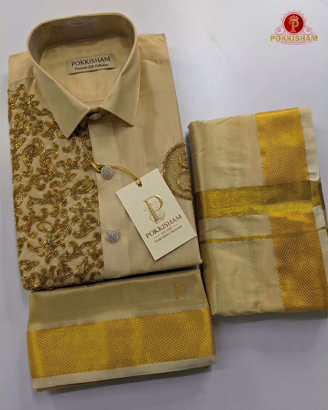 Luxury Aari Work Wedding Silk Dhoti Set - (HandCrafted)