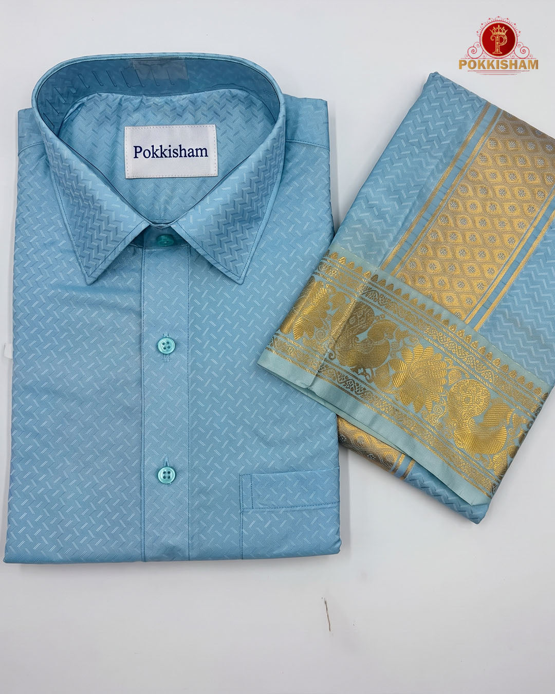 Wedding Pure Silk  Mens shirt and Dhotis Set  -  Sky Blue