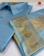 Wedding Pure Silk  Mens shirt and Dhotis Set  -  Sky Blue