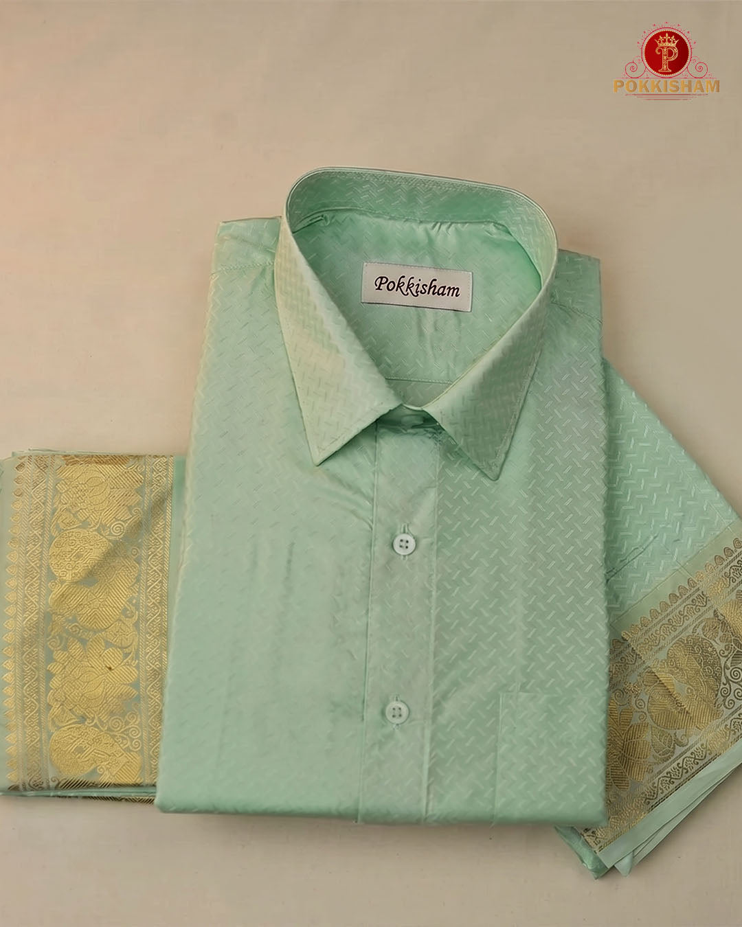 Wedding Pure Silk  Mens shirt and Dhotis Set  -  Mint Leaf