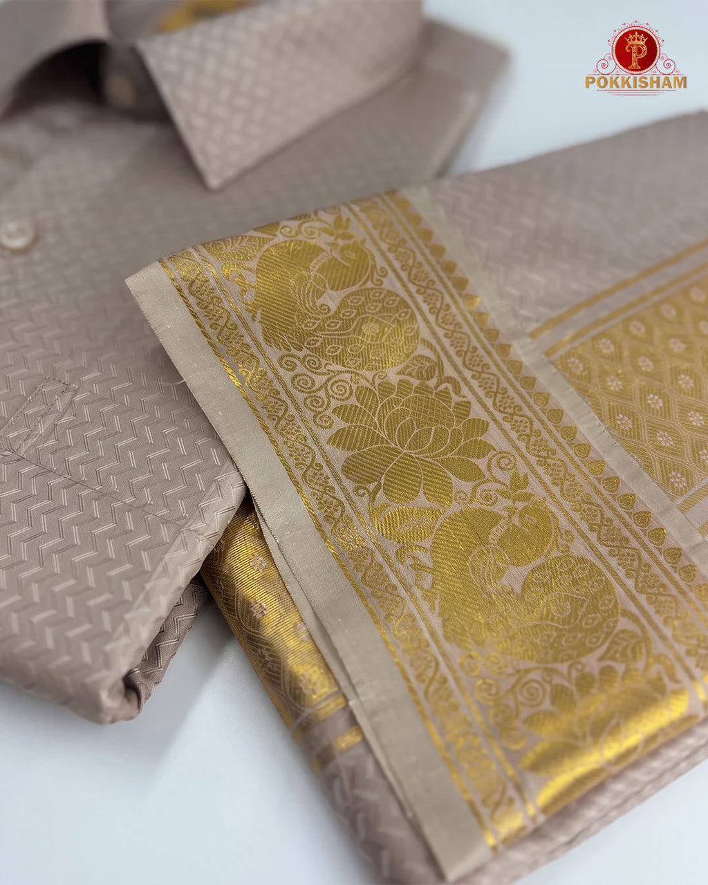 Wedding Pure Silk  Mens shirt and Dhotis Set  -  Sand Stone