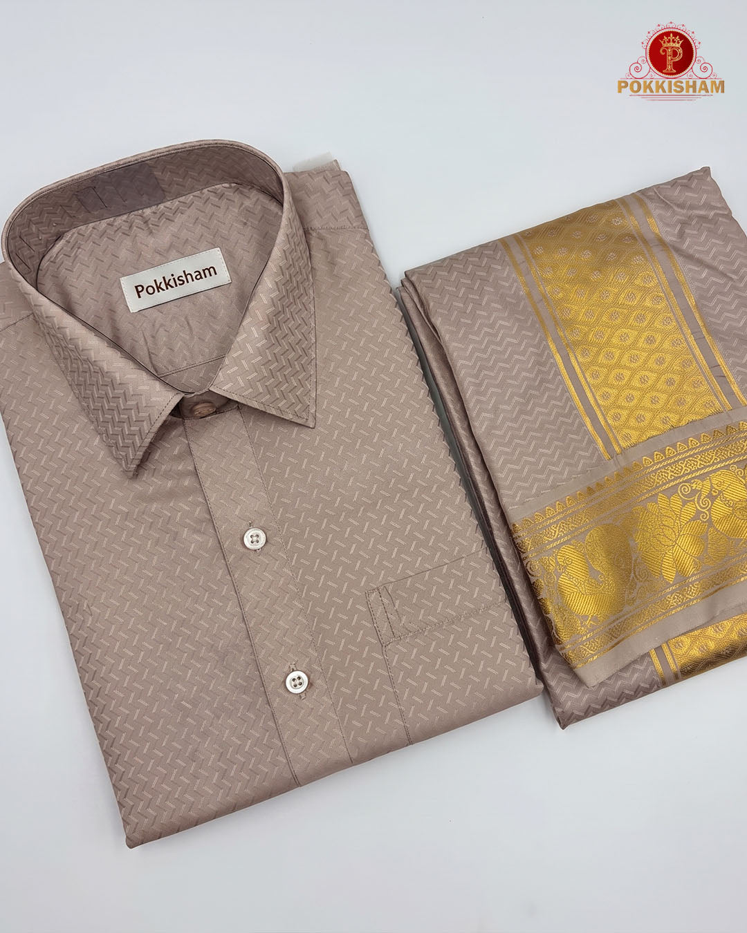 Wedding Pure Silk  Mens shirt and Dhotis Set  -  Sand Stone