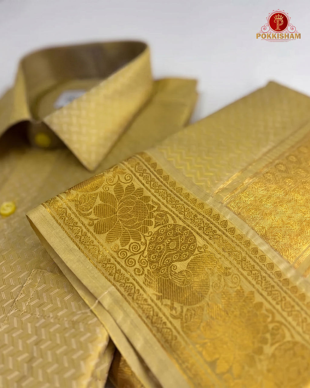 Wedding Pure Silk  Mens shirt and Dhotis Set  -  Gold