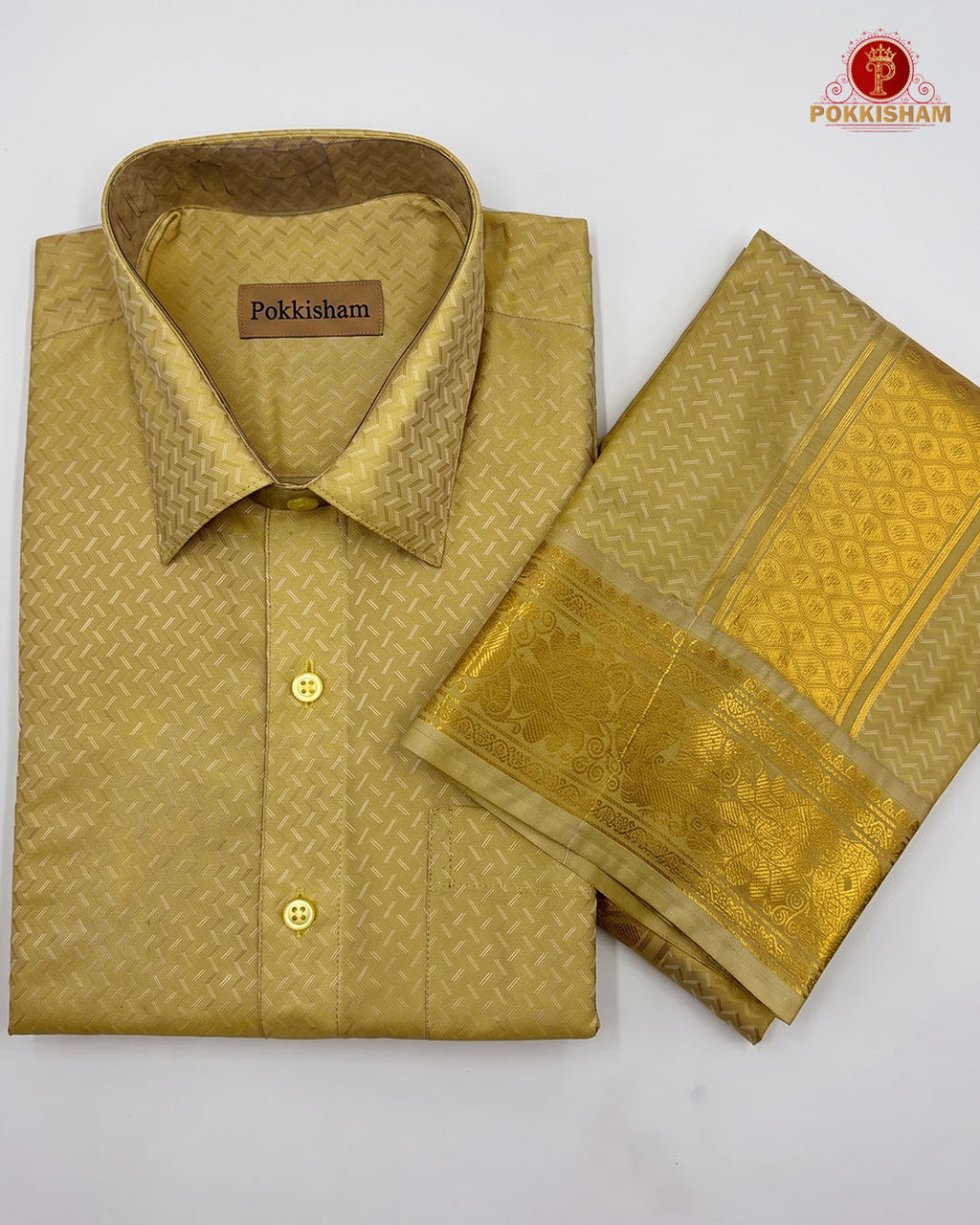 Wedding Pure Silk  Mens shirt and Dhotis Set  -  Gold