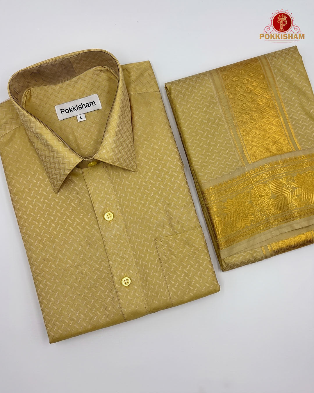 Wedding Pure Silk  Mens shirt and Dhotis Set  -  Gold